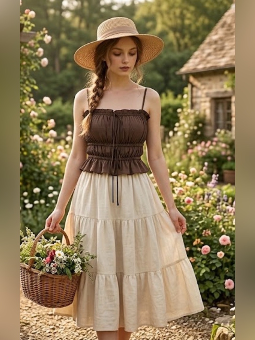 THIRTY THIRTY Brown Smocked Ruffle Cami Crop Top Milkmaid Y2K - XS